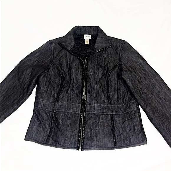 Rare Chico’s » Sexy Dark_Denim w/Stylish Floral Quilted Texture Zip-Up Jacket - Picture 7 of 14